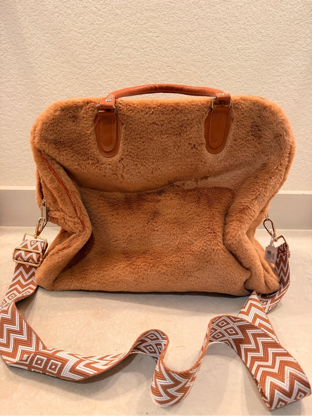 Faux Shearling Tote Bag in Camel with Patterned Strap